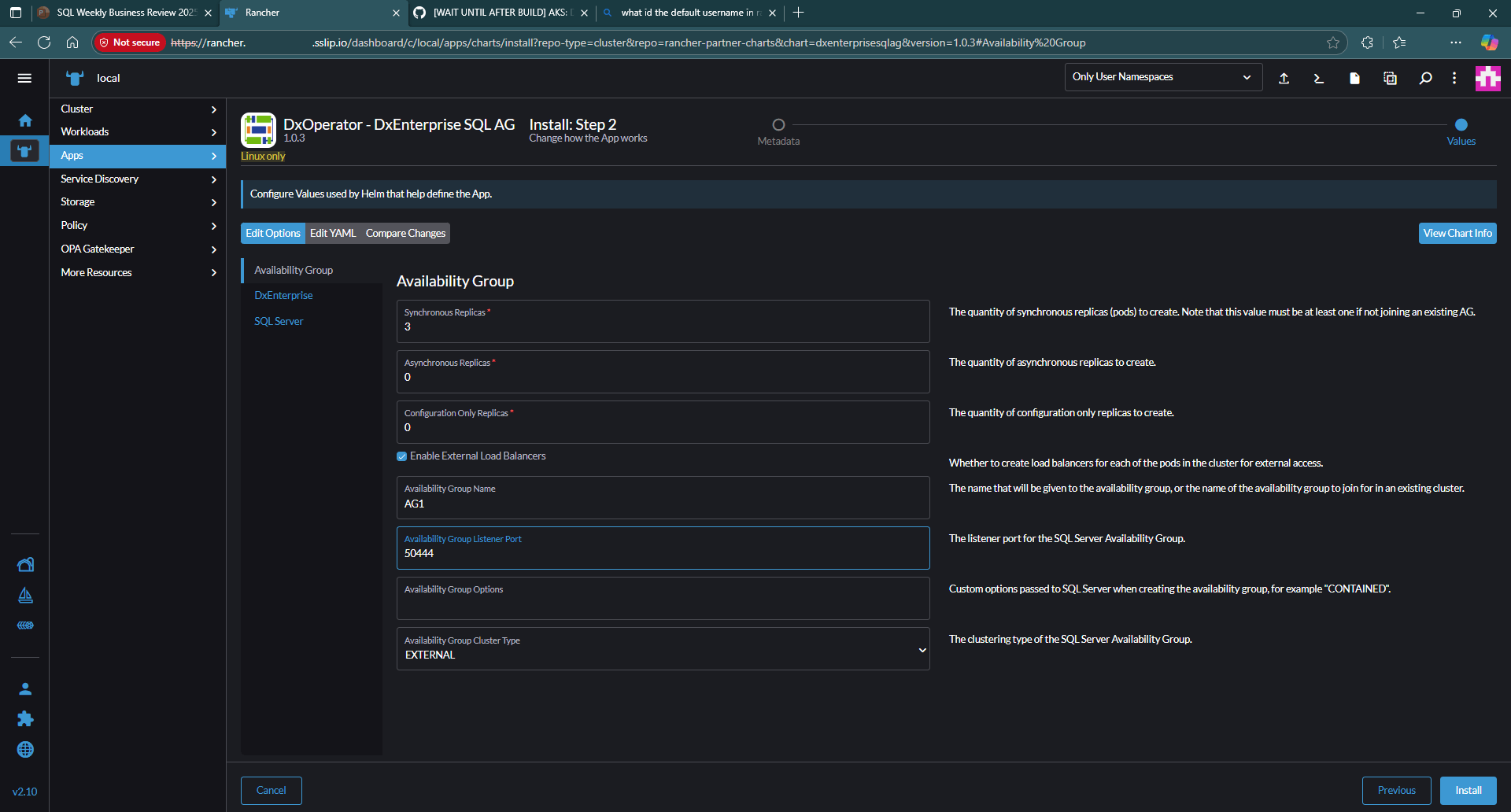 Screenshot of the availability group settings.