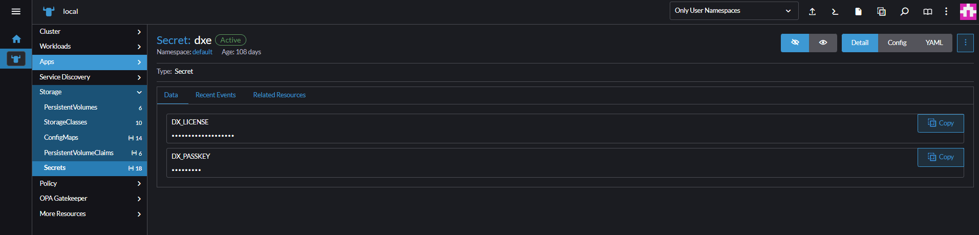 Screenshot of the license and passkey secrets.