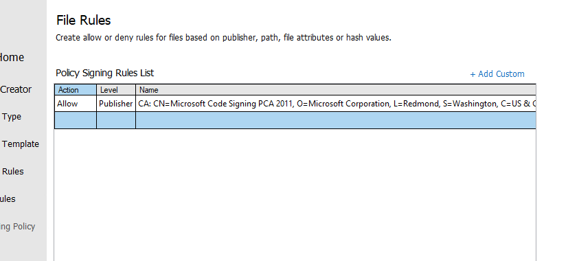 Screenshot of the WDAC Policy signing rule list screen.