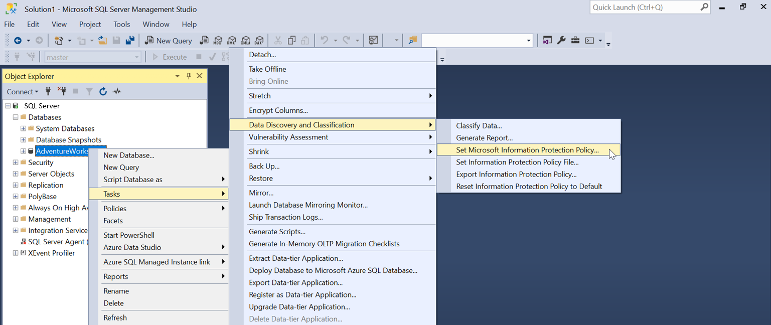 Screenshot to sset Microsoft Information Protection Policy in SSMS