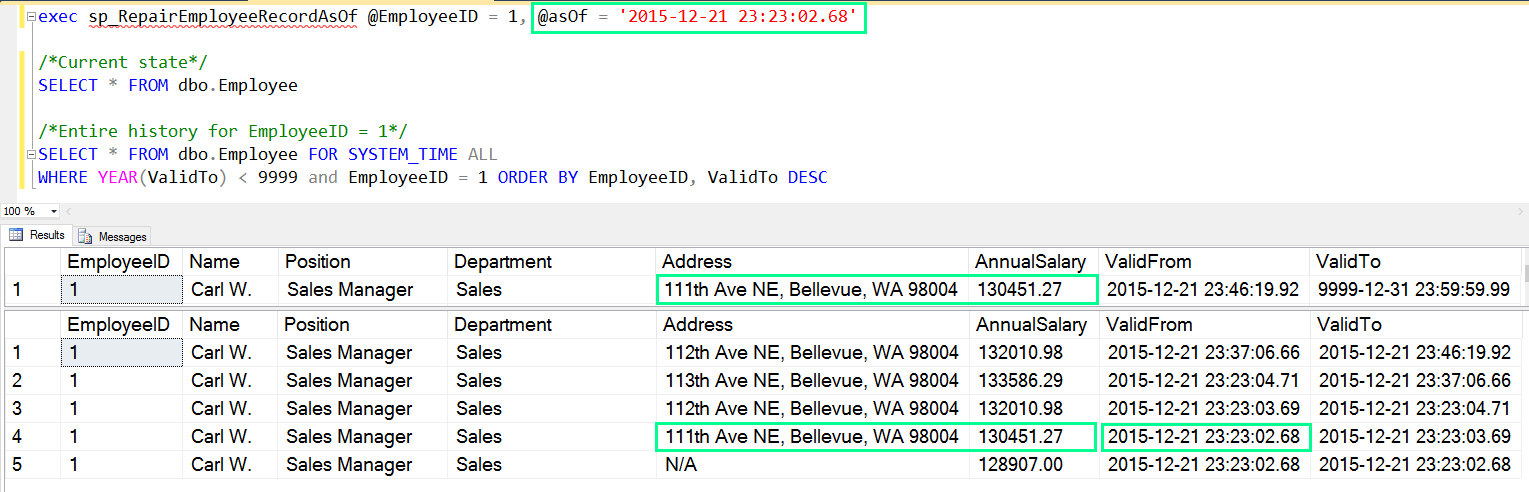 Screenshot showing the repair scenario with time condition