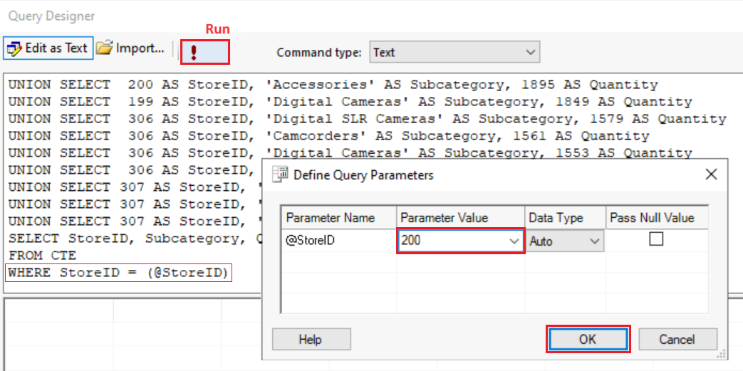Screenshot that shows how to add the parameter value in the Query Designer dialog.