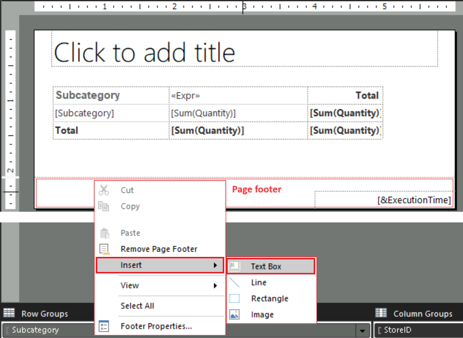Screenshot that shows how to select the option to insert a text box in the page footer for the report.