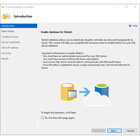Screenshot showing the Introduction page of Stretch Database wizard.