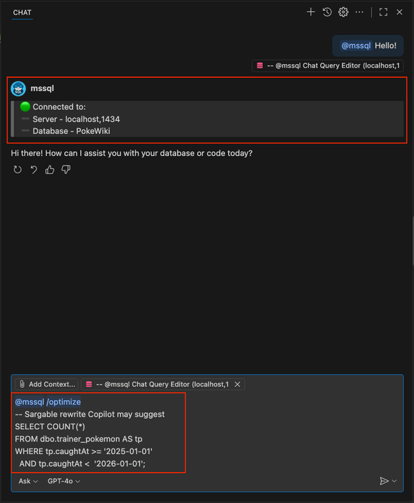 Screenshot showing the /optimize slash command suggestion for a sargable query.