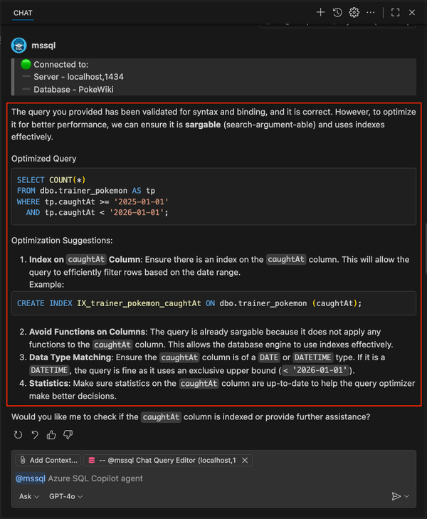 Screenshot showing the /optimize slash command detailed optimization suggestions and index creation.