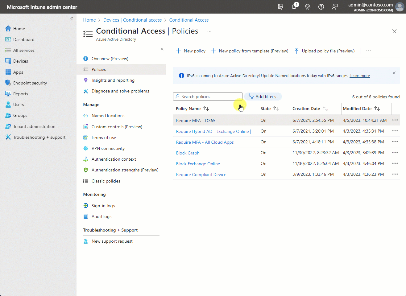 Gif image showing how to review each Conditional Access policy for Surface Hub compatibility.