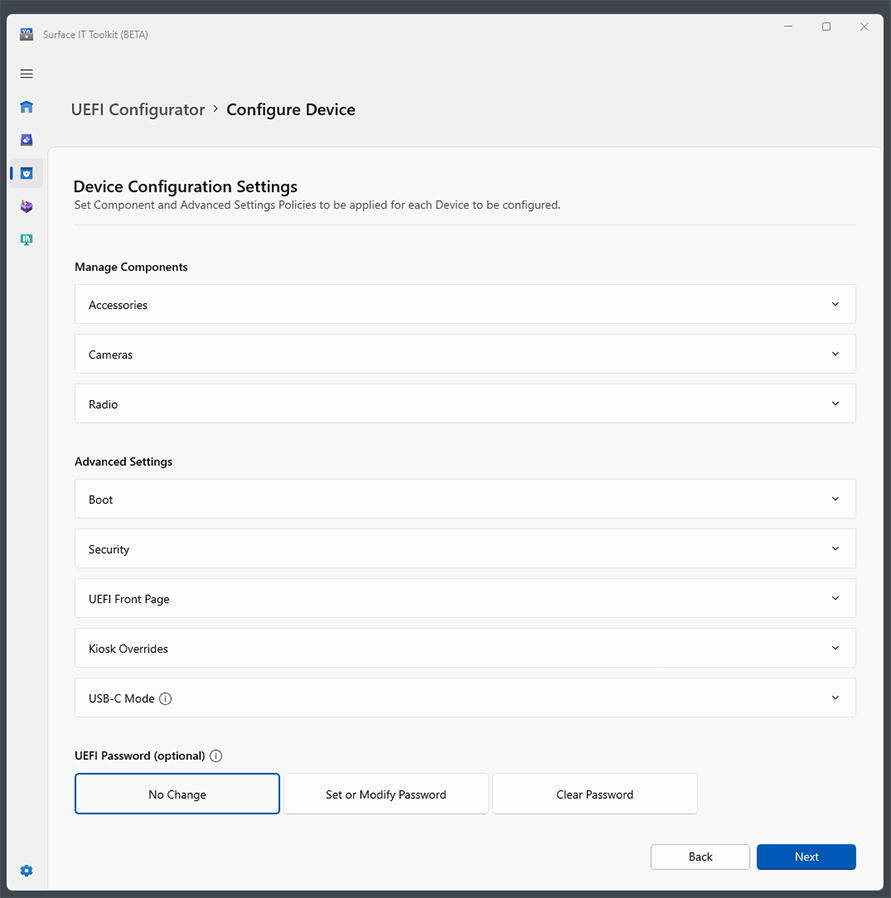 Screenshot of Device Configuration Settings page.