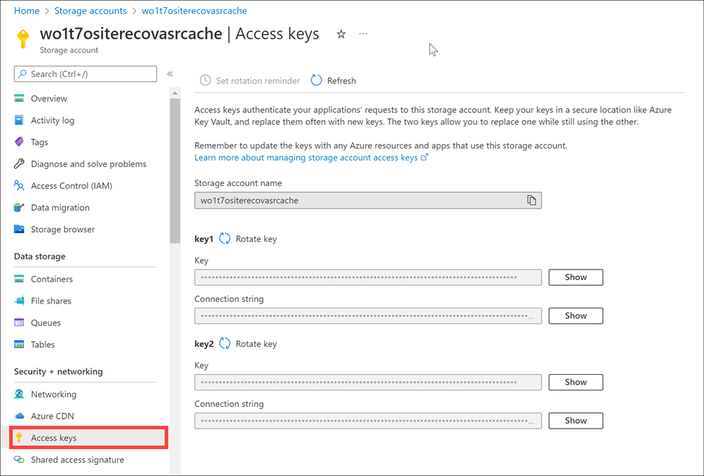 Screenshot that shows the access keys in the Azure portal.