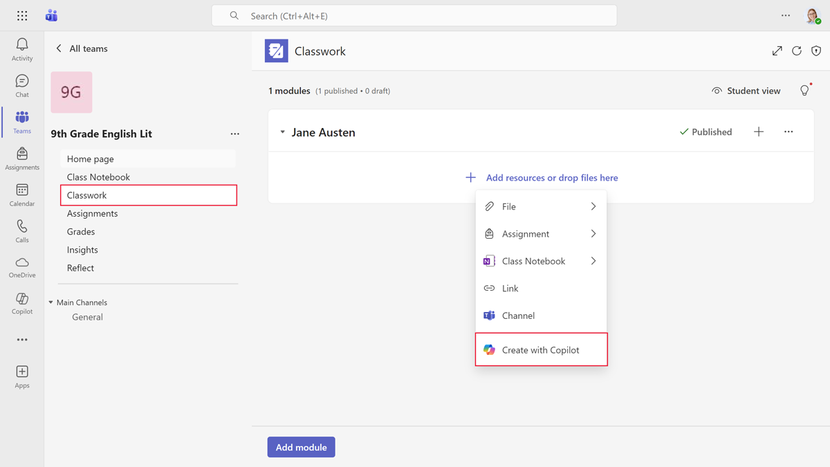 Screenshot showing how to access Teach through the Classwork app in Microsoft class teams.
