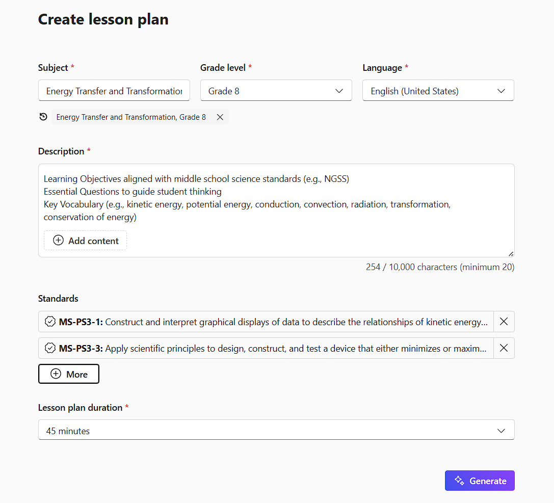 Screenshot of adding standards on the create lesson plan page in Teach app.