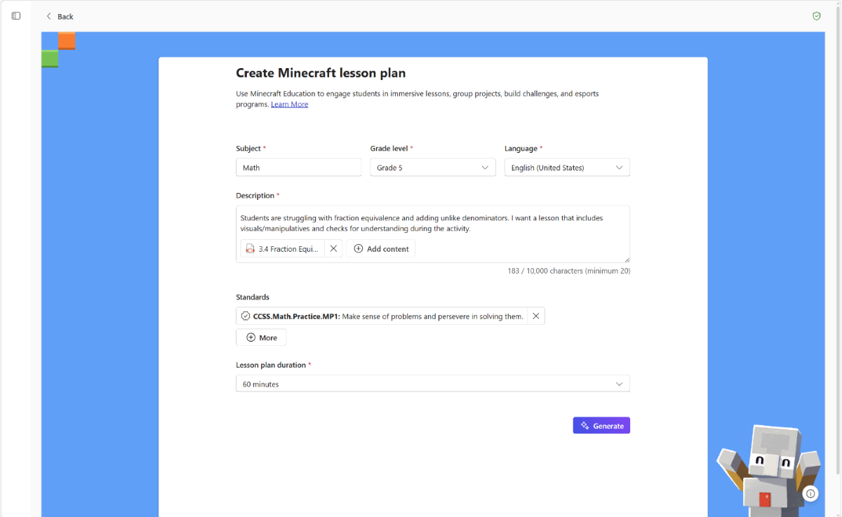 Screenshot of details added to the Create Minecraft lesson plan screen in Teach.