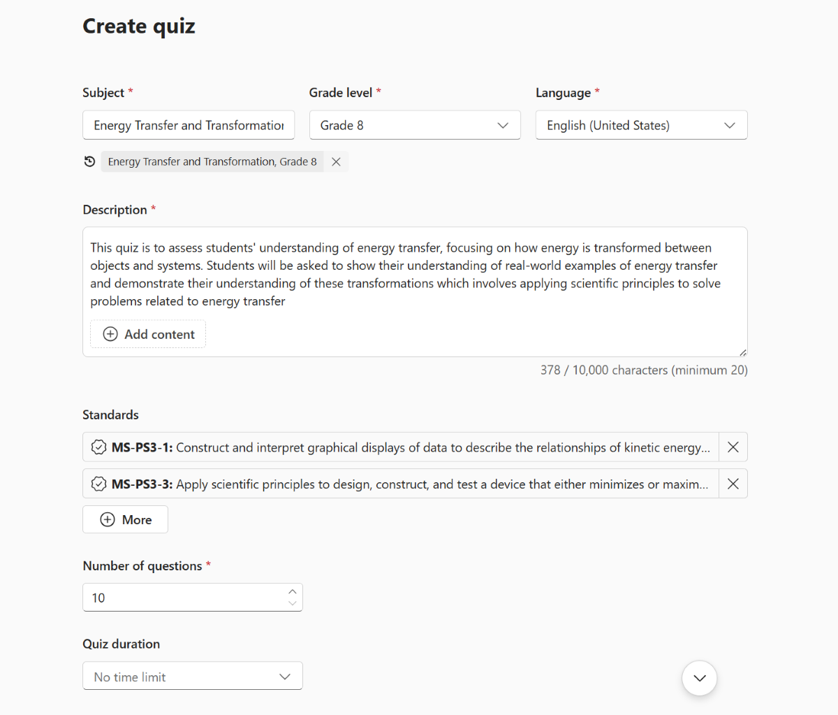 Screenshot of the create quiz page in Teach app.