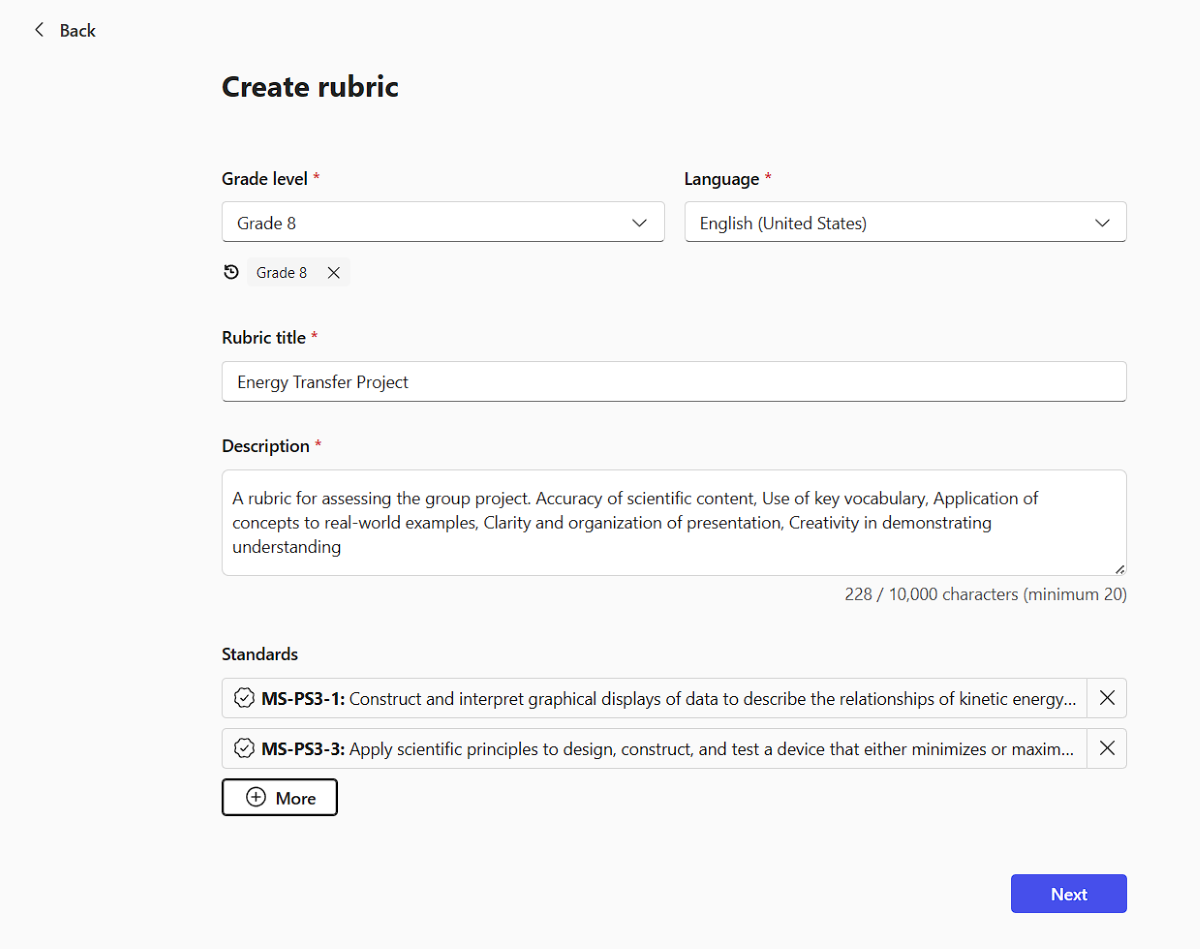 Screenshot of the create rubric page in Teach app.