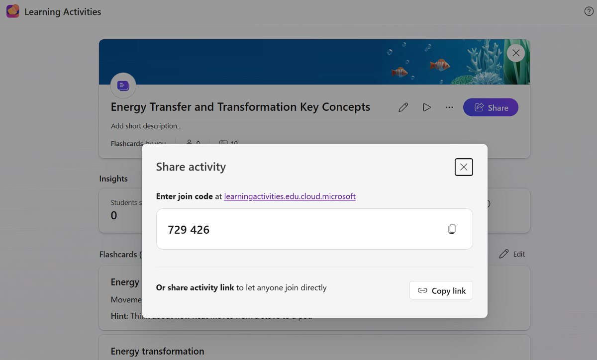 Screenshot of a flashcard join code in the Teach app.