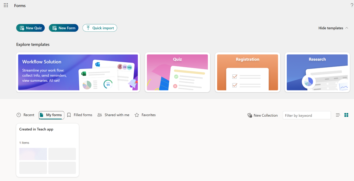 Screenshot of the Forms library in Teach app.