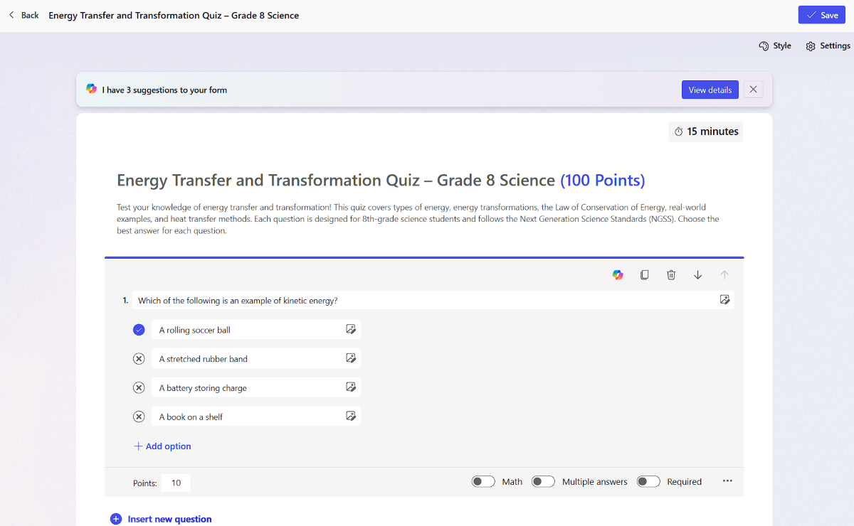 Screenshot of a quiz in Teach app.
