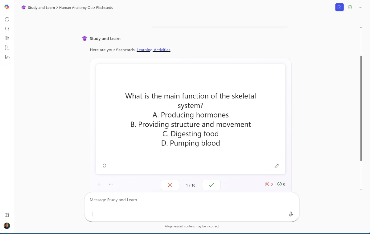 Screenshot of the Microsoft 365 Copilot Study and Learn agent displaying flashcards.