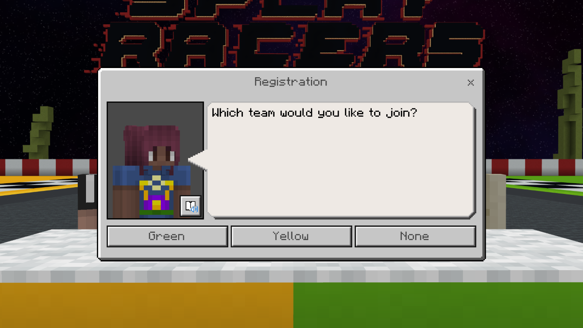Screenshot of dialogue box with NPC at the Build Battle world registration desk.