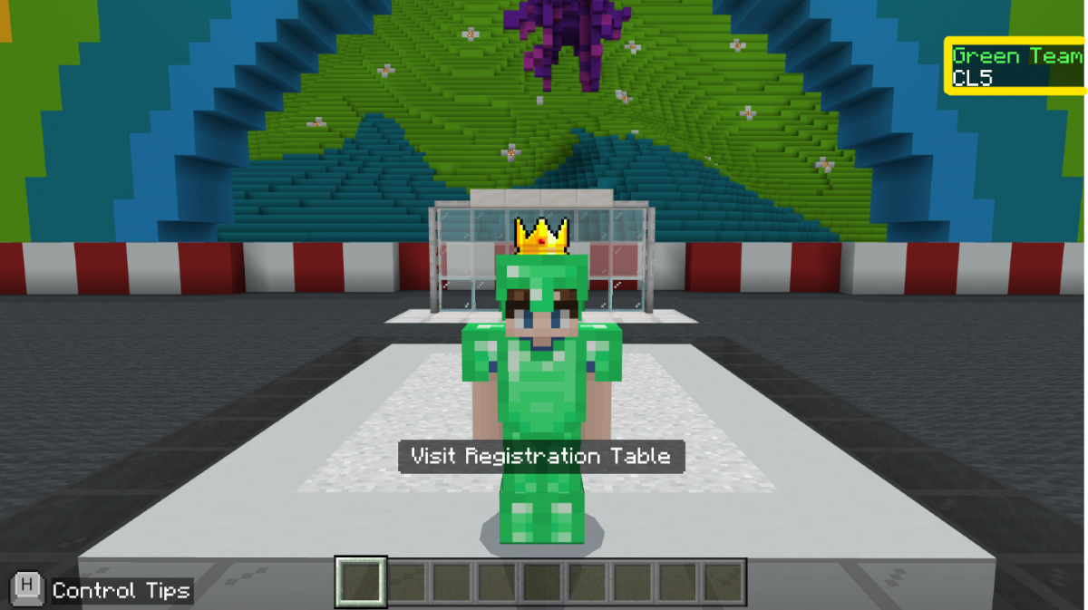 Screenshot of Minecraft character in green armor with team list area showing Green Team.