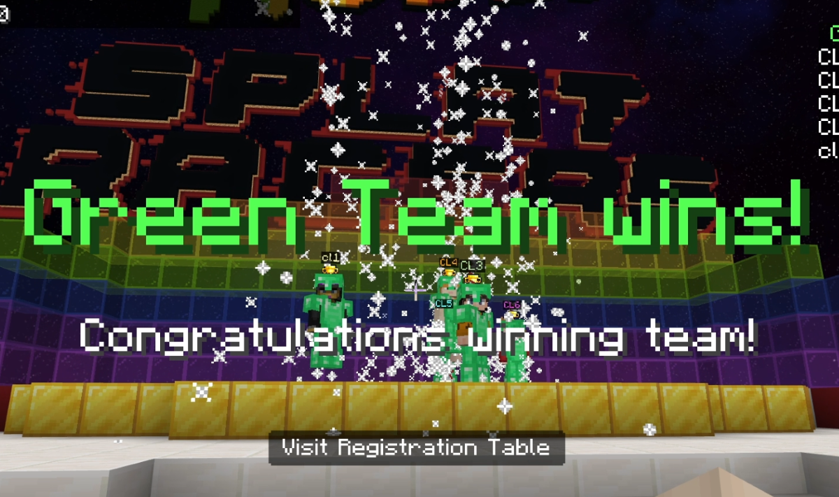 Screenshot of Minecraft Education announcing the green team as winners of a challenge.
