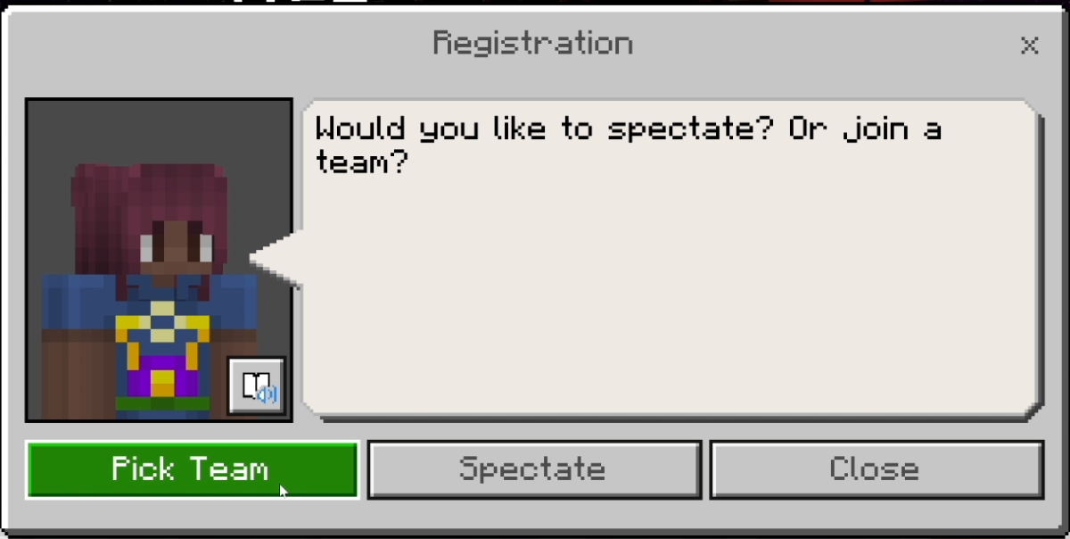 Screenshot of Minecraft Education NPC dialog box prompting the player to select a team.