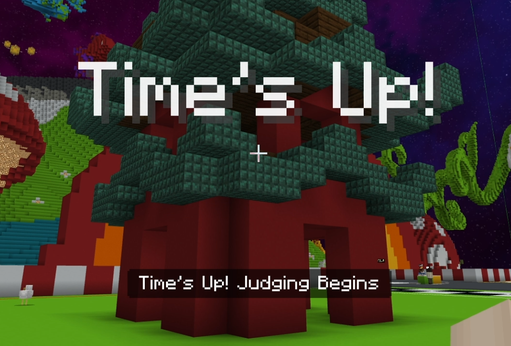Screenshot in Minecraft Education of the Time's up alert when a challenge comes to an end.