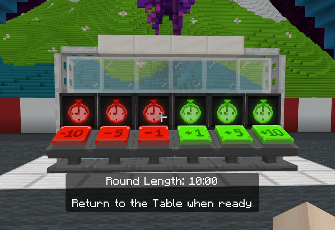 Screenshot of the Minecraft Education in-game timer adjustment buttons.