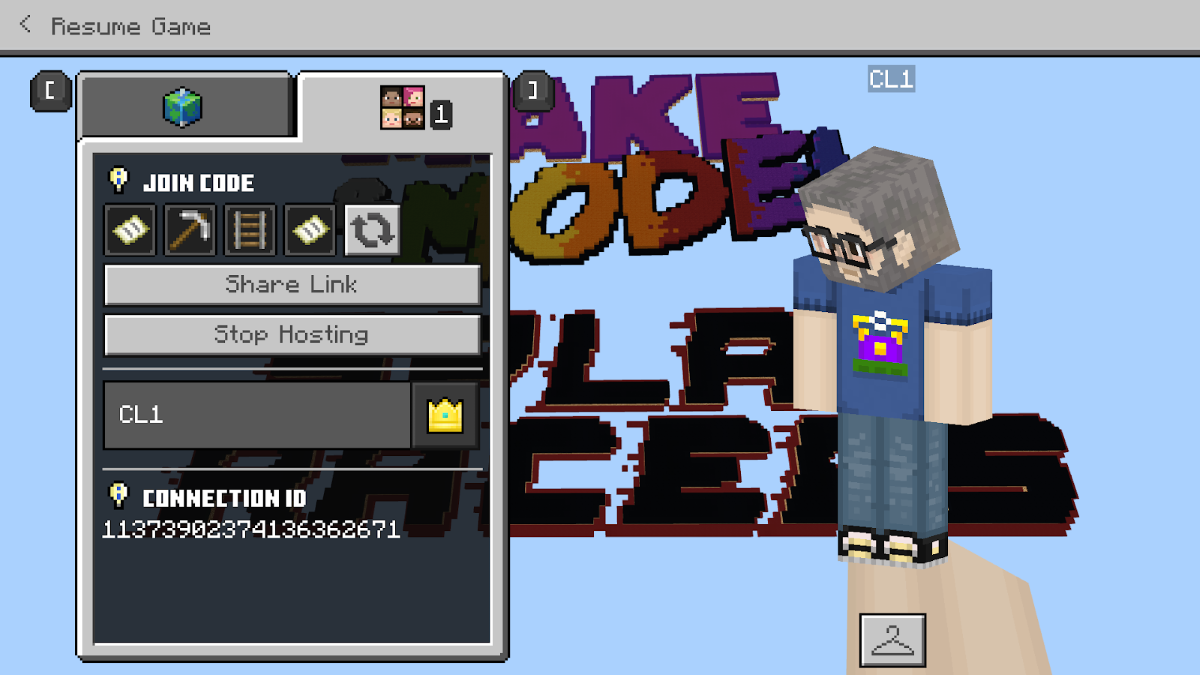 Screenshot of the multiplayer host menu in Minecraft Education with a join code.