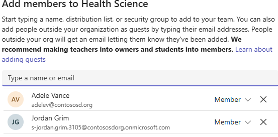 Screenshot of the OneNote Class Notebook add team members button.