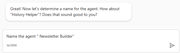 Screenshot of Copilot agent naming screen.