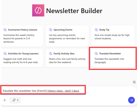 Screenshot showing translate options for the example newsletter agent.