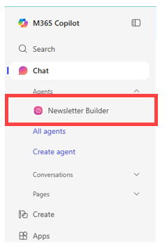 Screenshot showing the example newsletter agent in the Copilot side bar.