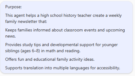 Screenshot of the example newsletter agent purpose.