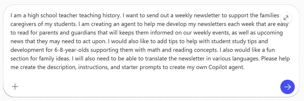 Screenshot of the example newsletter prompt.