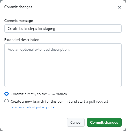 Screenshot that shows the Commit changes button in the Commit changes pane.