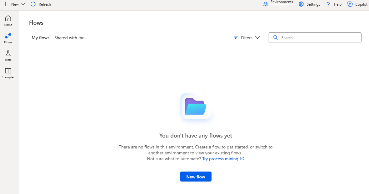Screenshot of My flows with the New flow button.