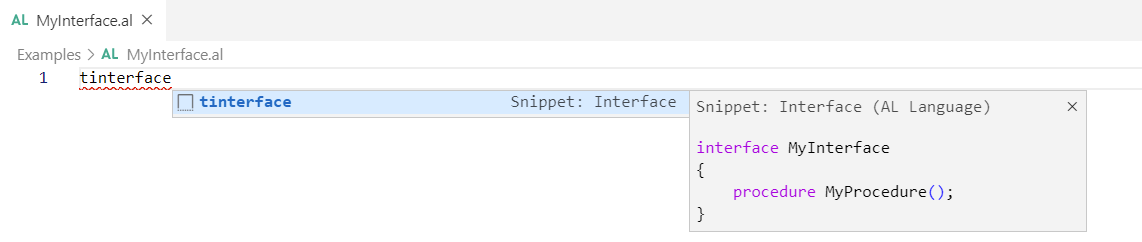 Screenshot of the interface object with the snippet interface in AL Language.