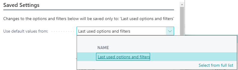 Screenshot of the Last used options and filters selection.