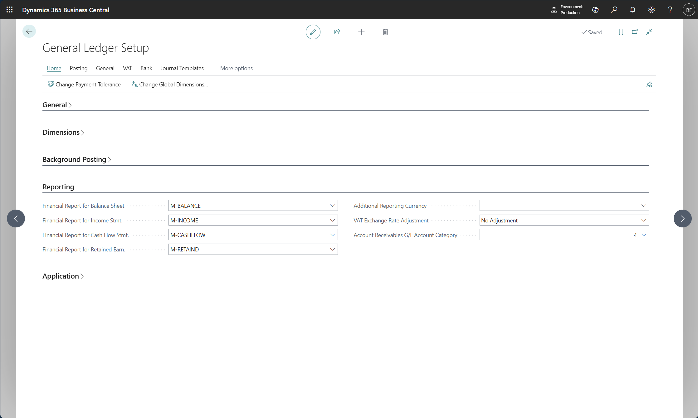 Screenshot of the General Ledger Setup page.