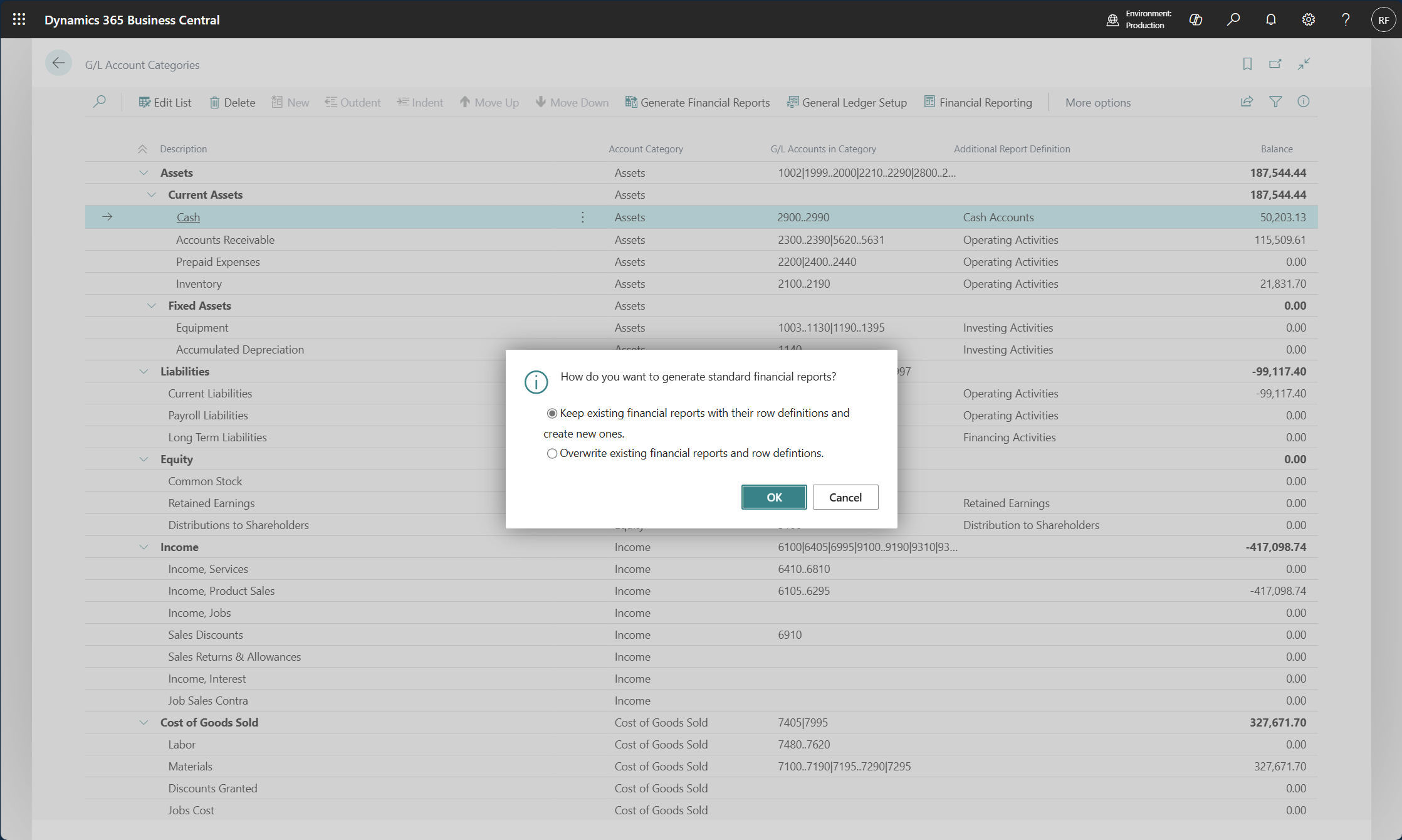 Screenshot of the message on how you want to generate financial statements.