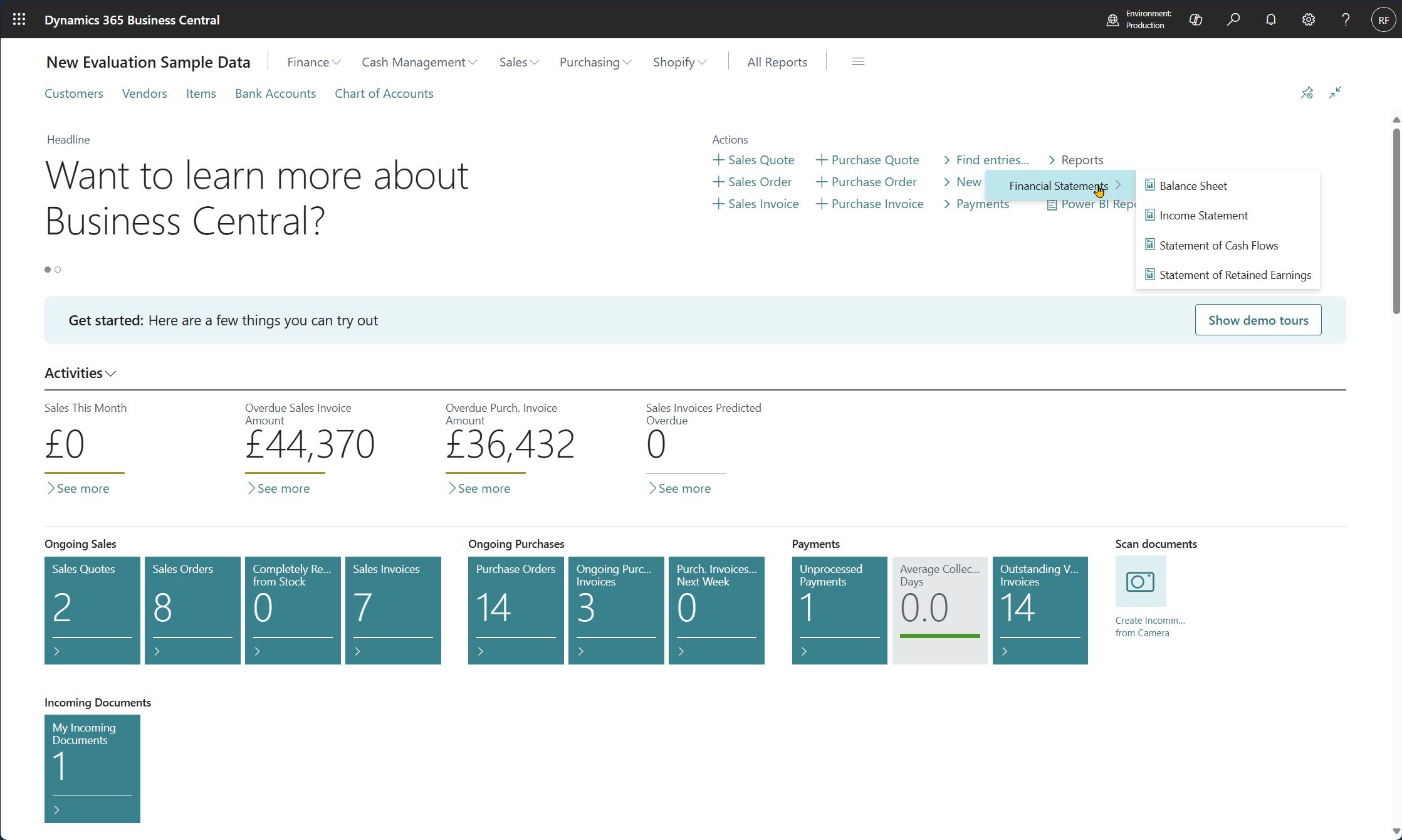 Screenshot showing the option to print financial statements from the role center.