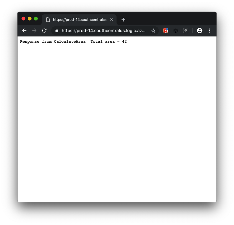 Sceenshot of web browser displaying response from our app called calculate area.