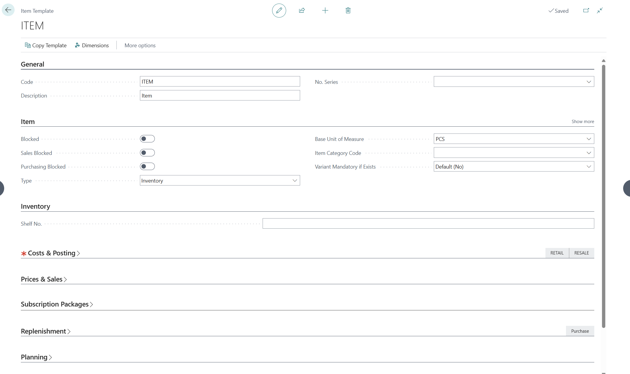 Screenshot of the Item template page with details populated.