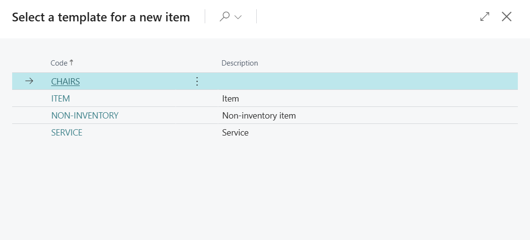 Screenshot of the Item templates list for item setup.