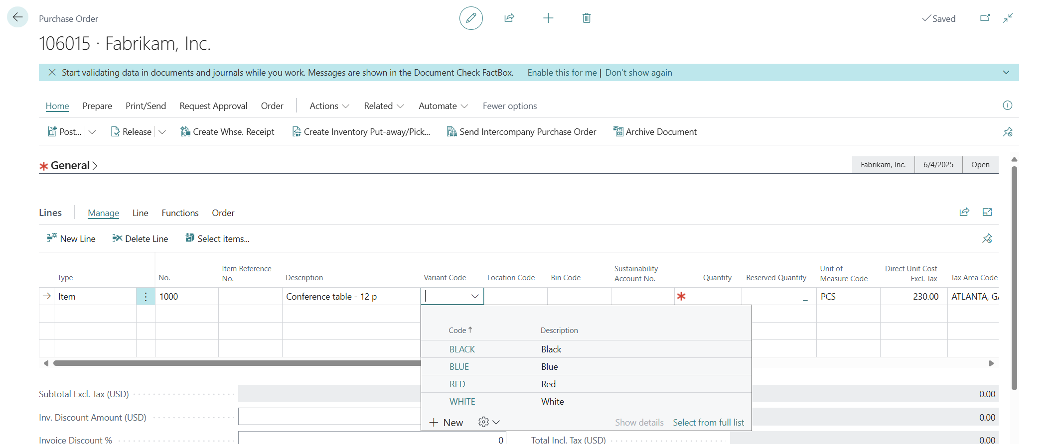 Screenshot showing a sample purchase order.