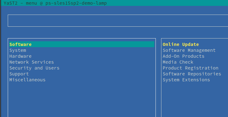 Screenshot of the YAST control center text interface immediately after starting.