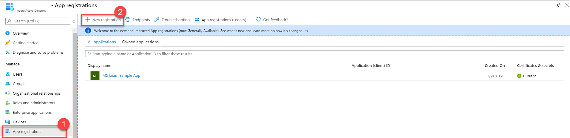 Screenshot of App Registrations section of Entra ID menu and New Registration selected.