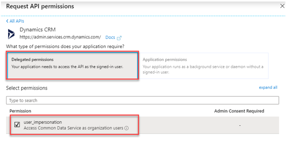 Screenshot of Request API permissions tab with Delegated permissions and user_impersonation selected.