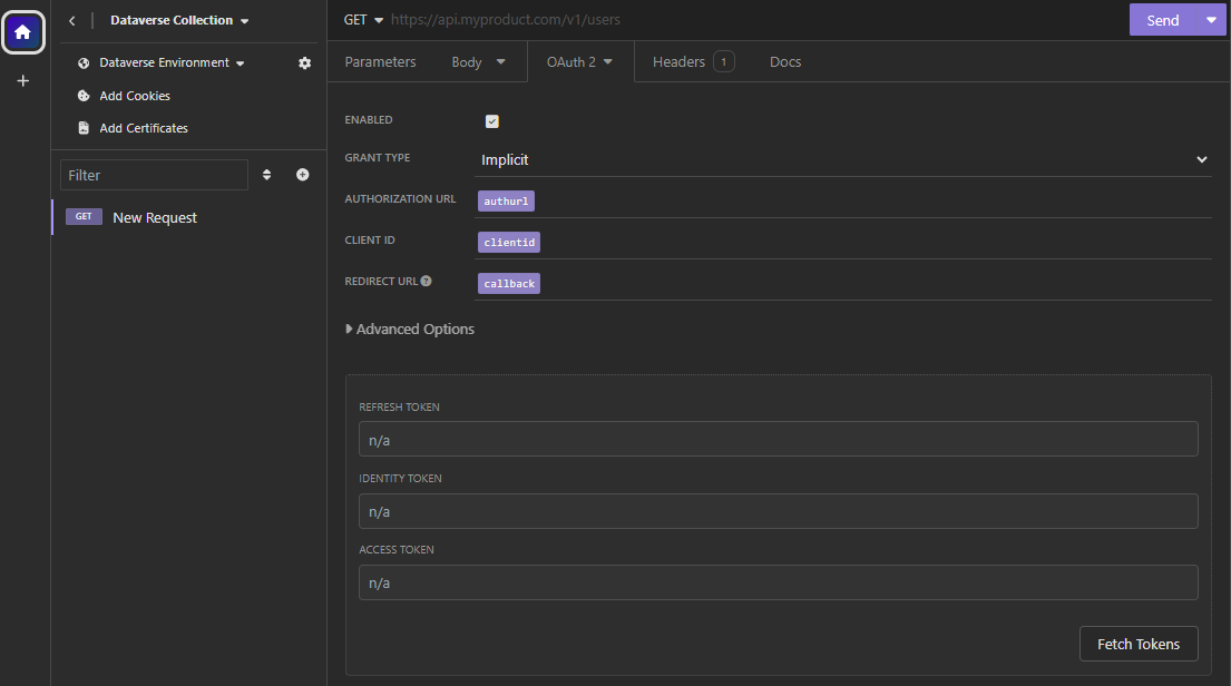 Screenshot of Get New Access Token with values set.